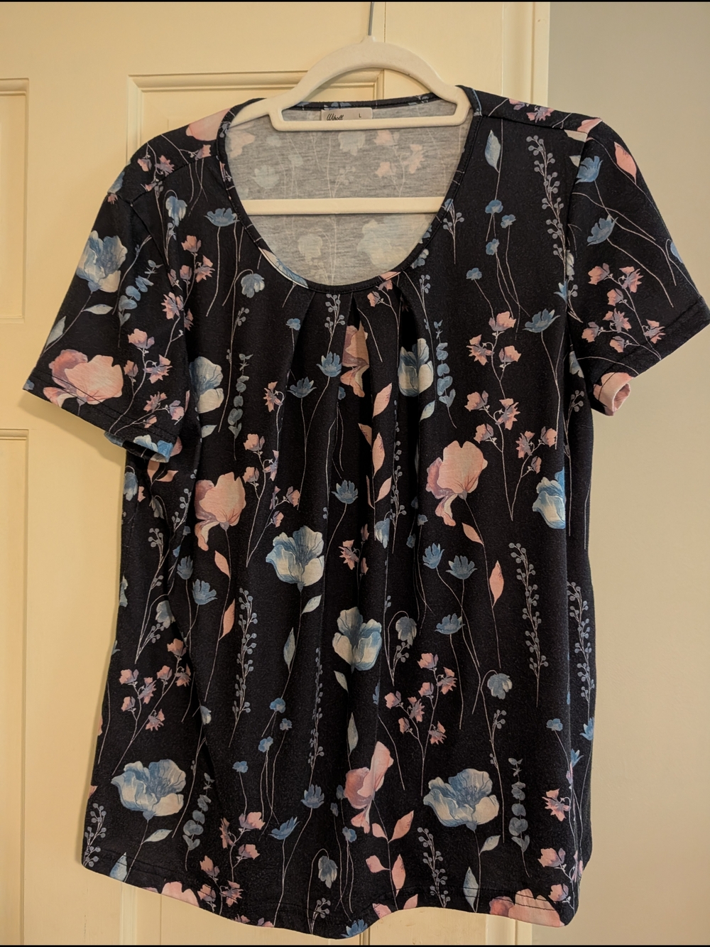 Black Floral Short Sleeve Tee with Pink & Blue Blooms